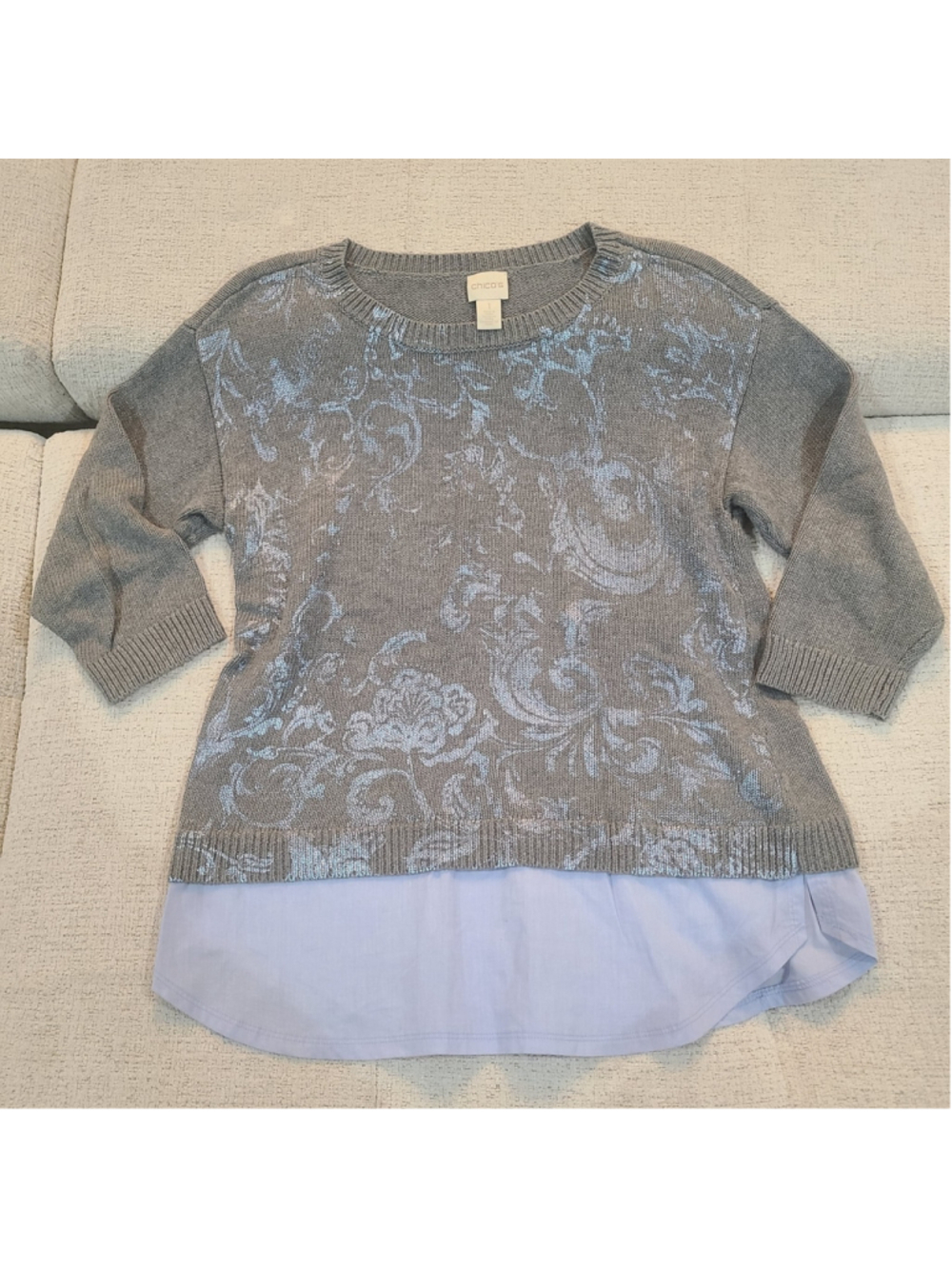 Chicos 1 Medium 8-10 Gray Blue Foiled Floral Knit Pullover Sweater Top Shirt
